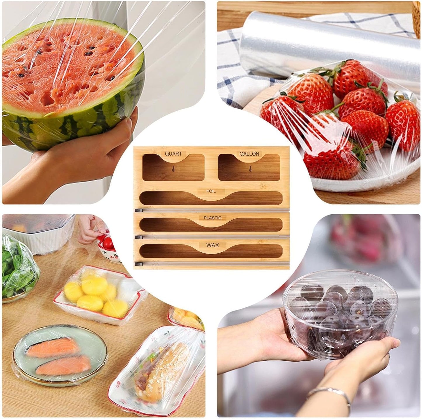 Foil Dispenser – Wood 40x31.6x7.2cm | Wrap Organizer With Cutter | Roll Organizer Holder For Aluminum F-oil - Large-Capacity Aluminum Foil Wax Wrap Holder | 5-in-1 Multifunctional Kitchen Or-ganizer