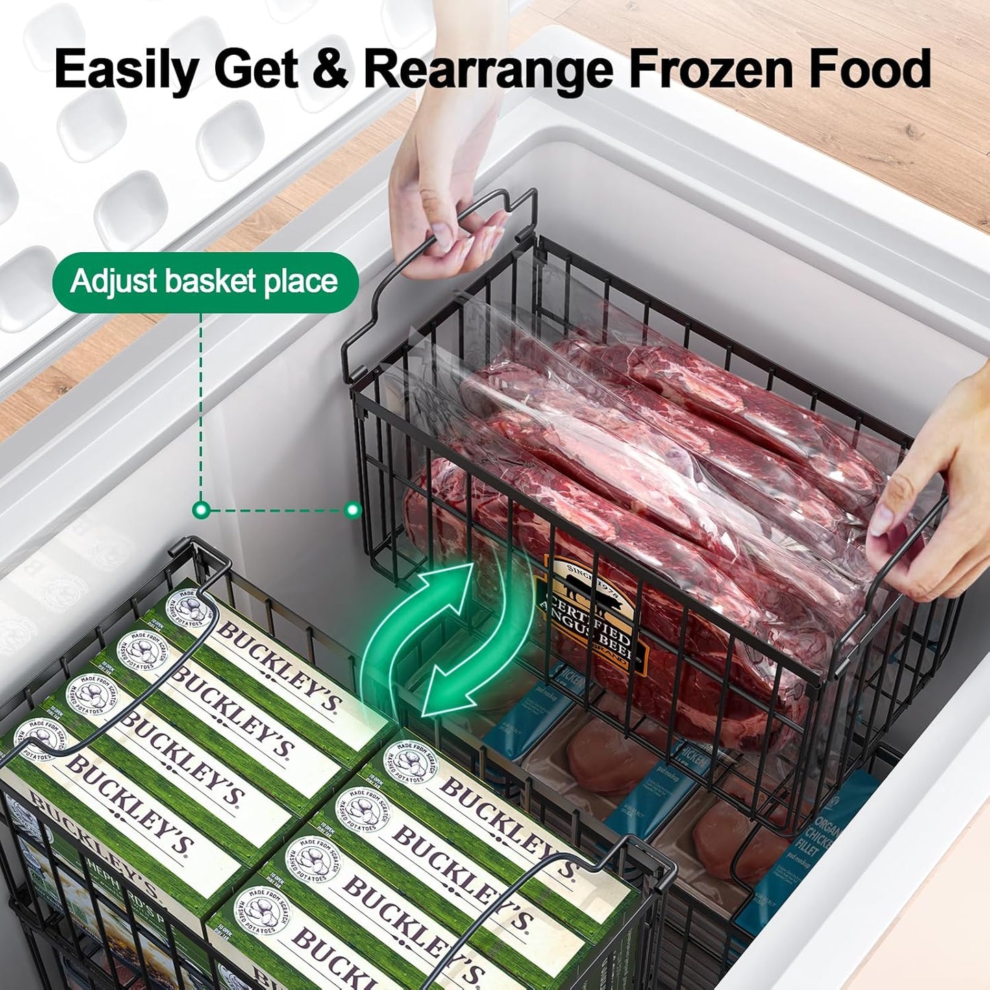 Freezer Organizer Bins, 6 Pack Stackable Deep Chest Freezer Organizer Bins, Foldable Baskets with Handles, Black Storage Container Baskets for 5/ 7 Cu.FT Deep Freezer Sort Frozen Meats