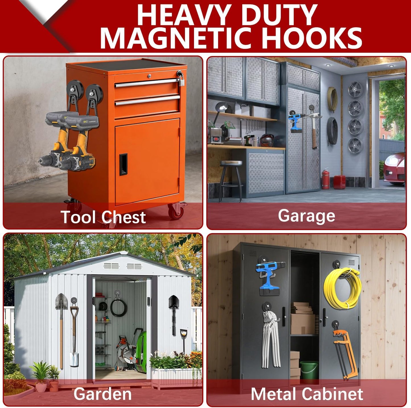 3-H Heavy Duty Magnet Garage Hooks 4 Pack, Extra Large Strong Magnetic Hooks for Hanging Cordless Power Drill, Utility Magnetic Tool Holder for Metal Cabinet, Steel Pegboard, Toolbox, Garage(Grey)