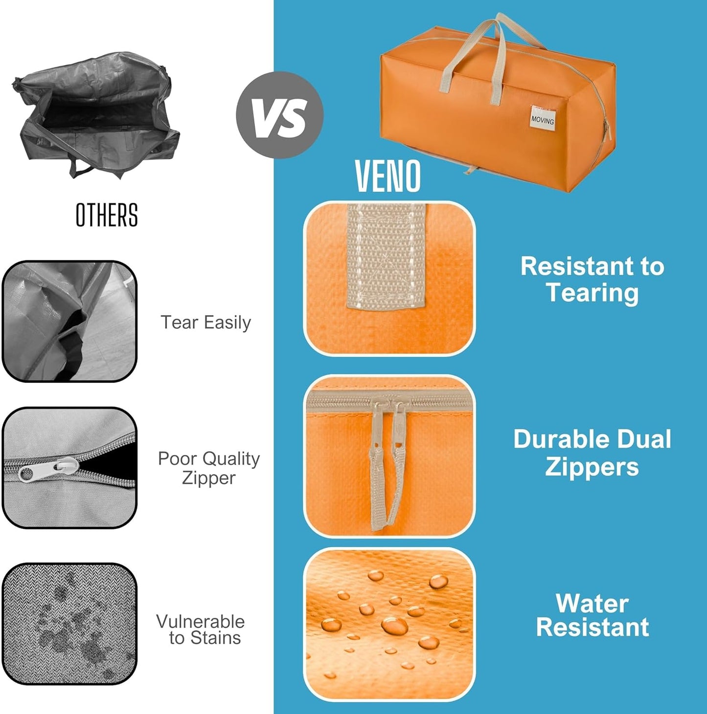 VENO 6 Pack Moving Bags w/Backpack Straps, Heavy Duty, Moving Boxes Alternative, Packing Supplies, Large Storage Totes for Dorm Room Essentials with Zipper (Seasonal Autumn Orange, 6 Pack)