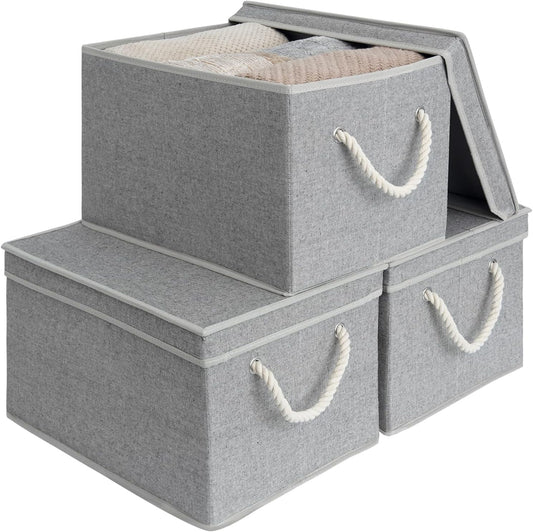 StorageWorks Storage Bins with Lids, Decorative Storage Boxes with Lid and Soft Rope Handles, Foldable Storage Baskets for Closet, Shelves, Stackable, 3-Pack, Gray, Jumbo