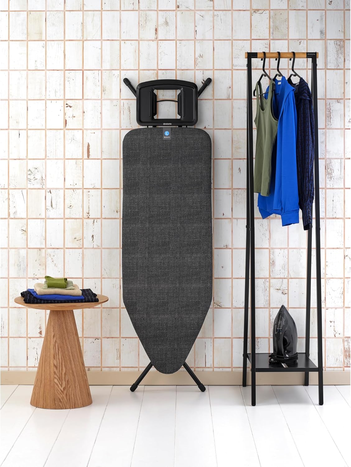 Brabantia - Ironing Board C - Flexible Steam Iron Rest - Adjustable in Height - Non-Slip Rubber Feet - Cover and Pad - Solid Foldable Unit - Denim Black - 49x18 Inches
