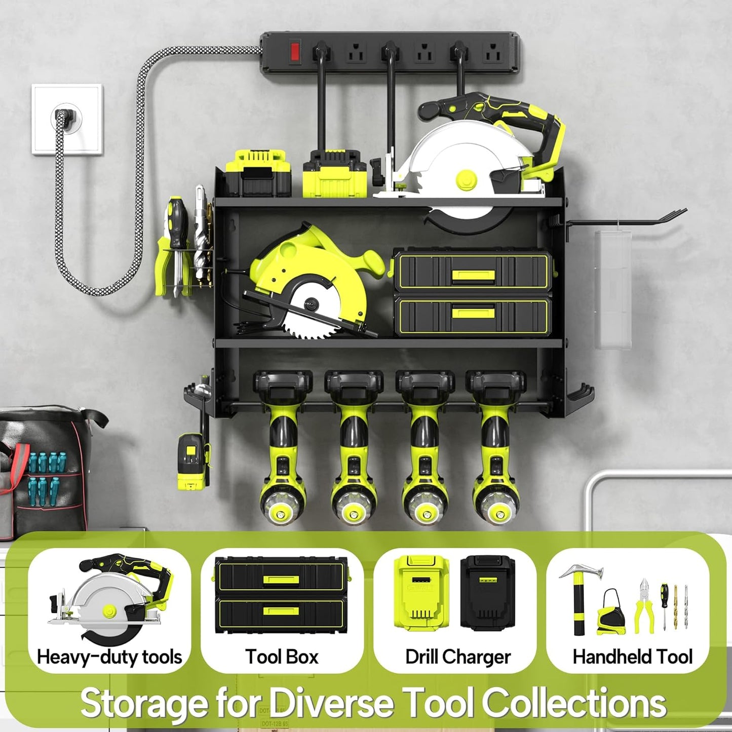 3 Layer Heavy Duty Power Tool Organizer Wall Mount with Charging Station, Adjustable Metal Storage Rack, 6 Outlets Strip, Drill Holders, Hooks & Drill Bit Rack for Garage, Workshop, Black