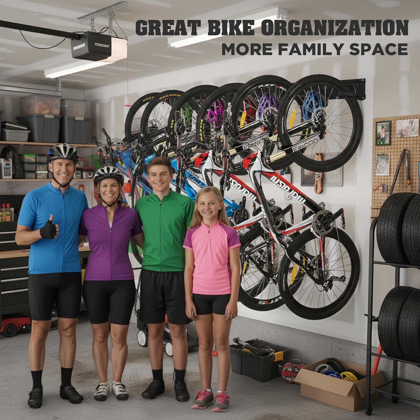 HORUSDY Stainless Steel Bike Storage Rack, 6 Bike Storage Hanger Wall Mount and 6 Helmets Hooks for Home & Garage Holds Up to 600lbs, Black