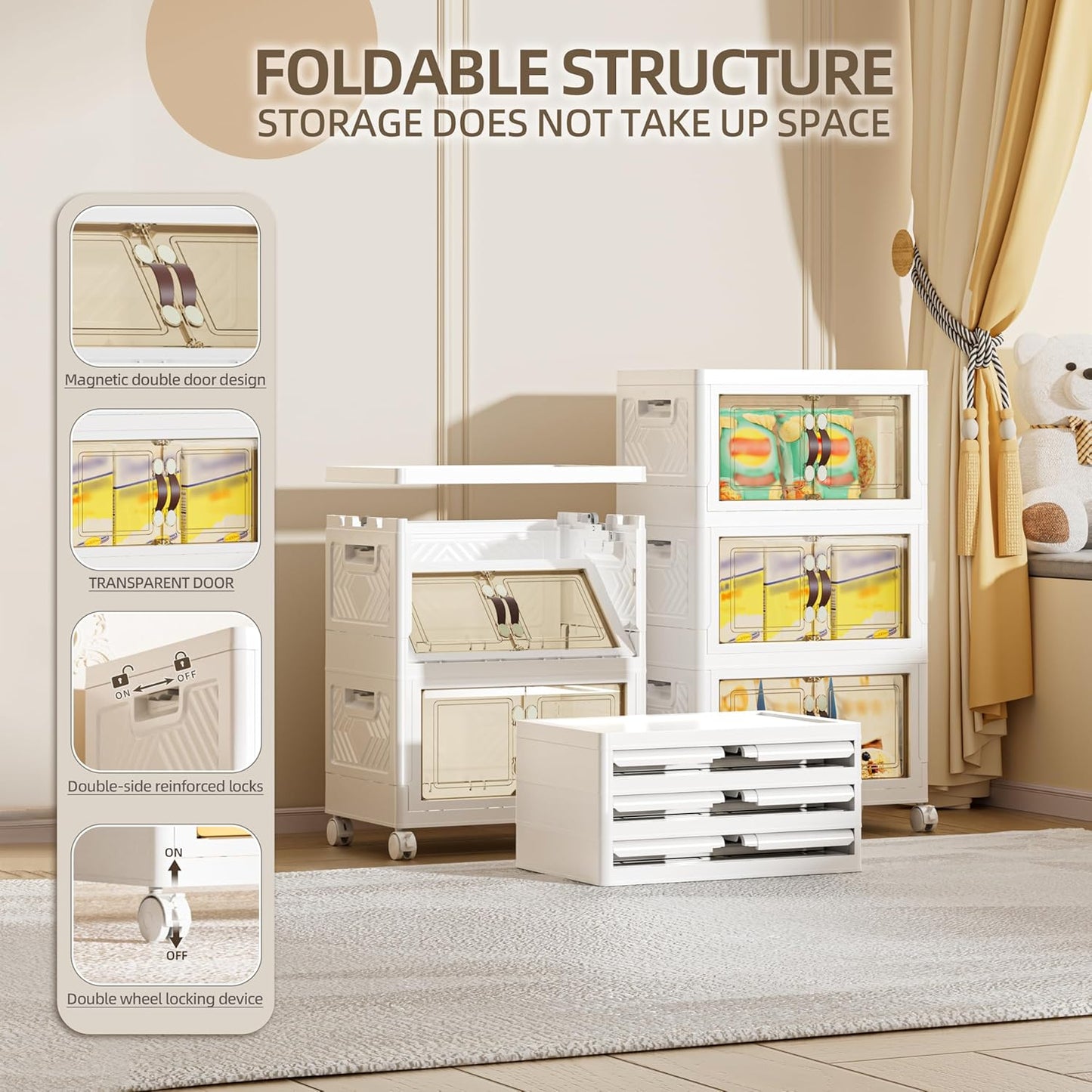 80 QT / 20 Gal Multi-Purpose Stackable Storage Cabinet: Double Magnetic Doors, Foldable, Wheels Included, Leather Handles - Ideal for Pantry, Laundry Room, Dorm