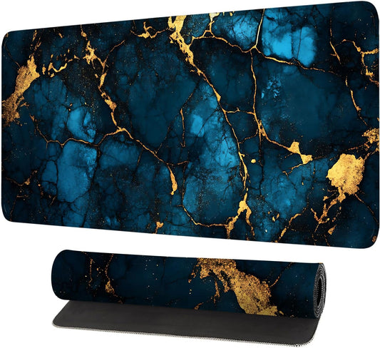 Blue Marble Gold Vein Mouse Pad – Large Extended Desk Mat 31.5 x 11.8 in– Elegant Navy Ink Texture with Metallic Cracks, Keyboard & Mouse Pad for Office & Gaming