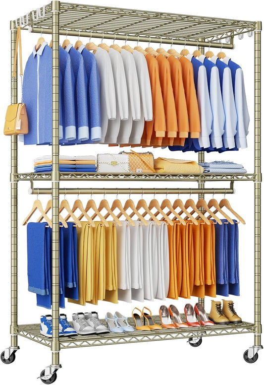 P8 Heavy Duty Clothes Rack（With Extended Width Design） Rolling Clothing Racks for Hanging Clothes，Portable Garment Rack with Lockable Wheels，51.2" W x 15.8" D x 80.5" H，Max Load 700LBS，Gold