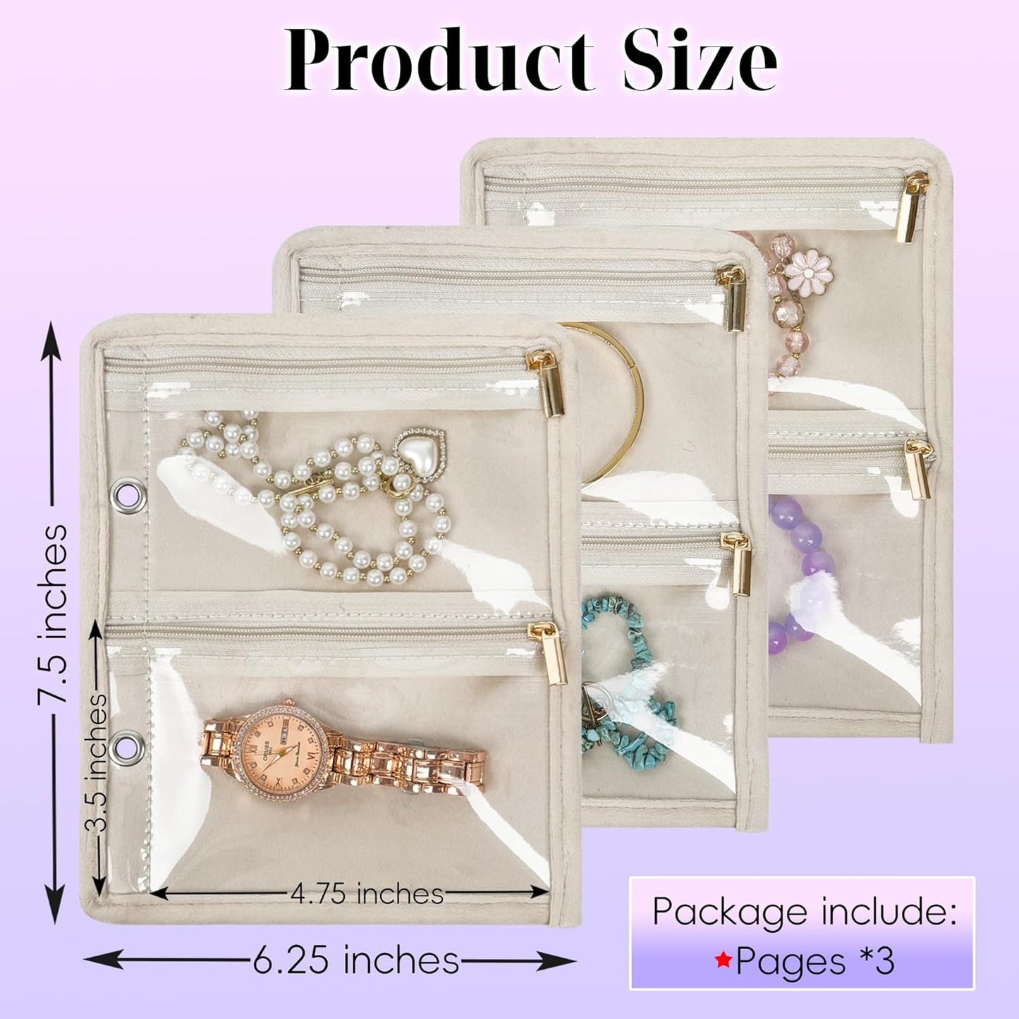 Travel Jewelry Organizer Case,Small Jewelry Bags for Traveling, Jewelry Binder with 24 Pcs Clear Zipper Velvet Pouches (Inner Pages,Beige,3 PCS)
