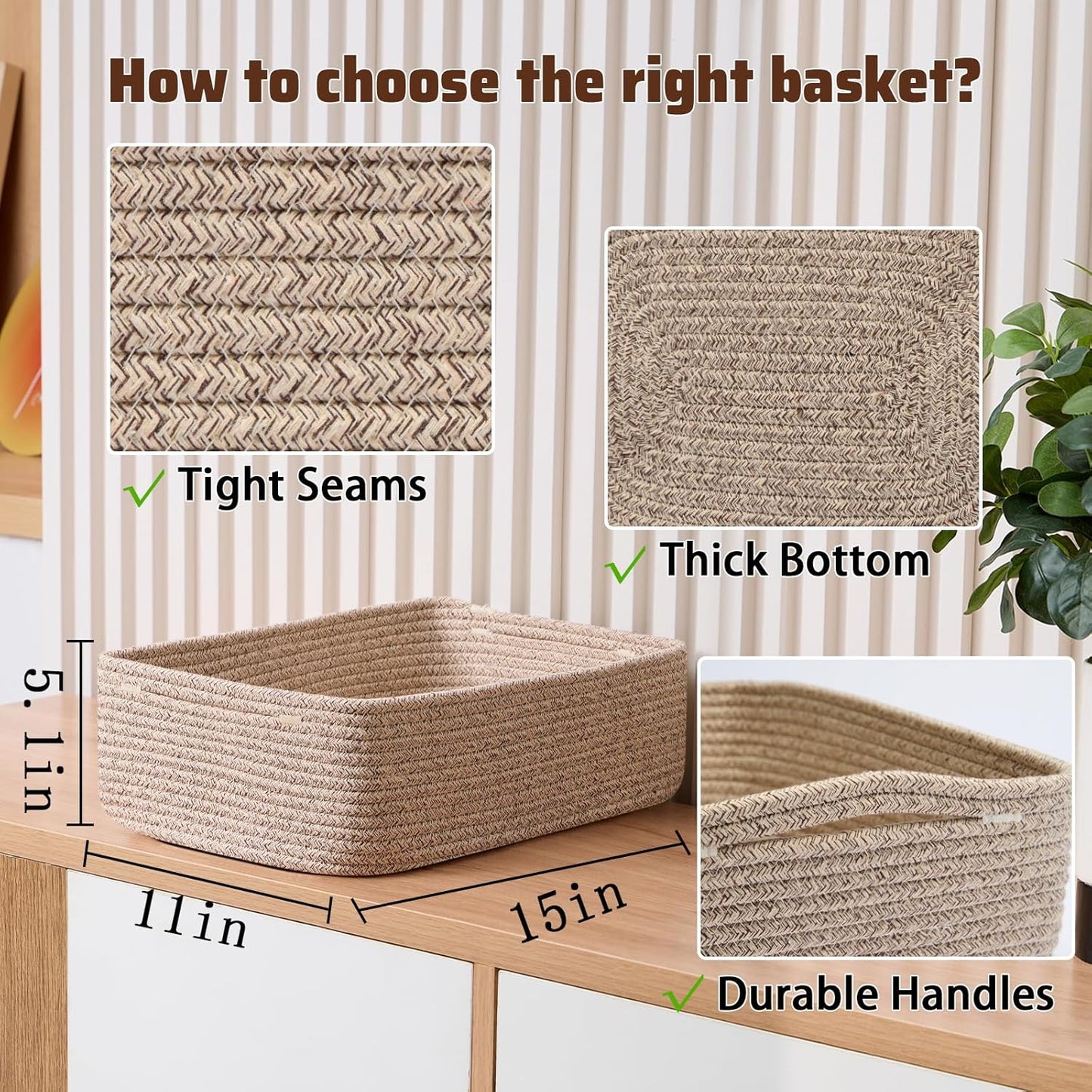 Large Shallow Organizing Baskets 15x11x5.1 Inches - Rope Woven Storage Bins for Bathroom, Shelves, Cube Closet, Mixed Brown 4 Packs