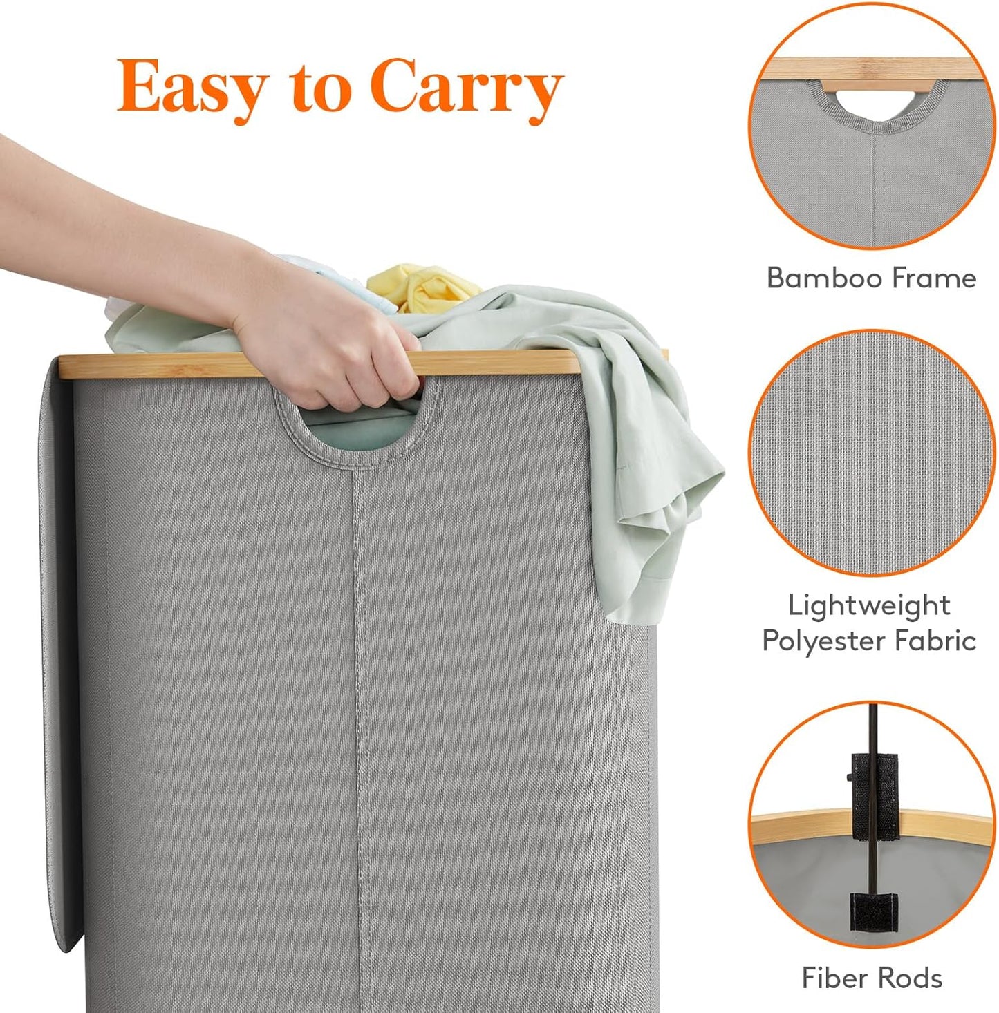 Lifewit 150L Laundry Basket with Lid, Clothes Hampers for Laundry with Bamboo Handles and 2 Removable Laundry Bags, Large Foldable Laundry Hamper for Bedroom, Bathroom, Dorm, Laundry Room, Sliver Gray