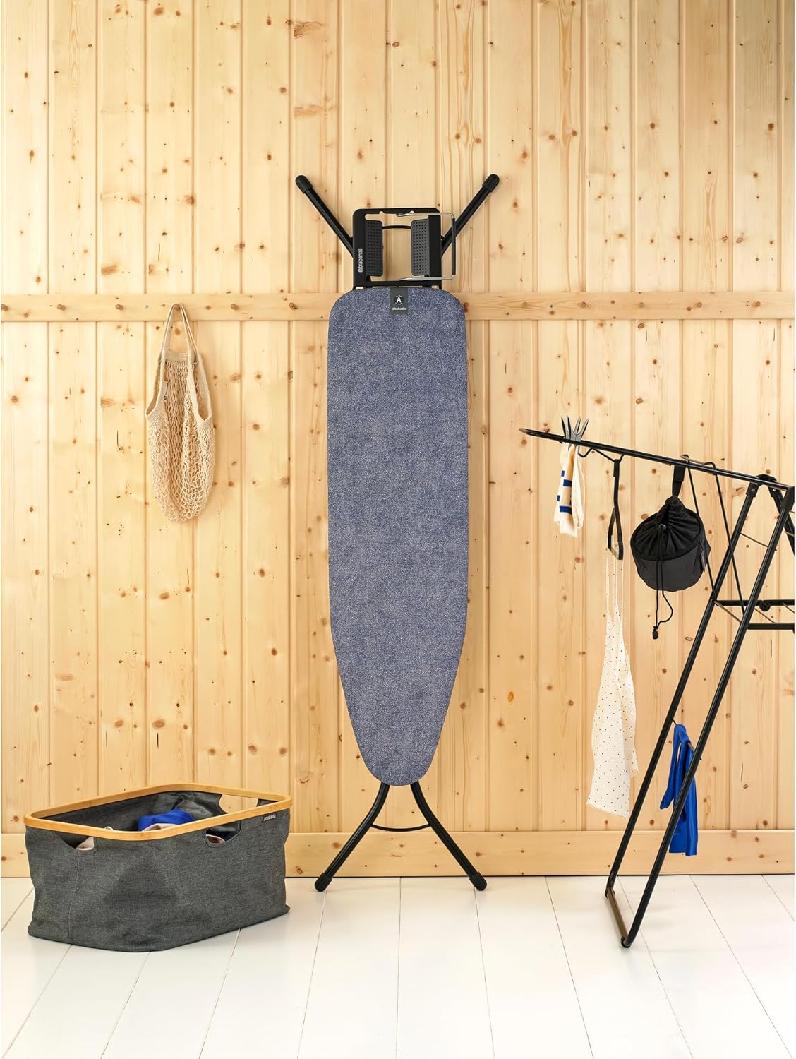 Brabantia Size A Compact Small Ironing Board (43x12 in) 7 Height Options, Adjustable Steam Iron Rest Holder (Denim Blue) Non-Slip Feet, Anti-Collapse Child Locks
