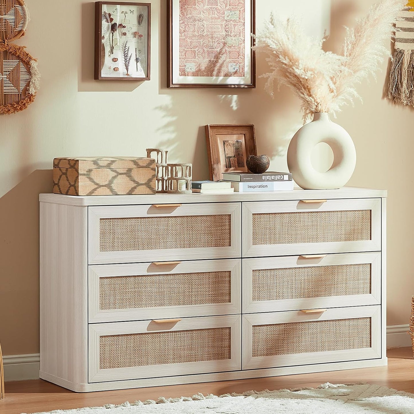 LEYAOYAO Rattan 6 Drawer Dresser for Bedroom, Boho 54" Wide White Dresser Chest of Drawers, Dressers TV Stand with Metal Handle, Storage Dressers Closet Organizer for Living Room, Hallway
