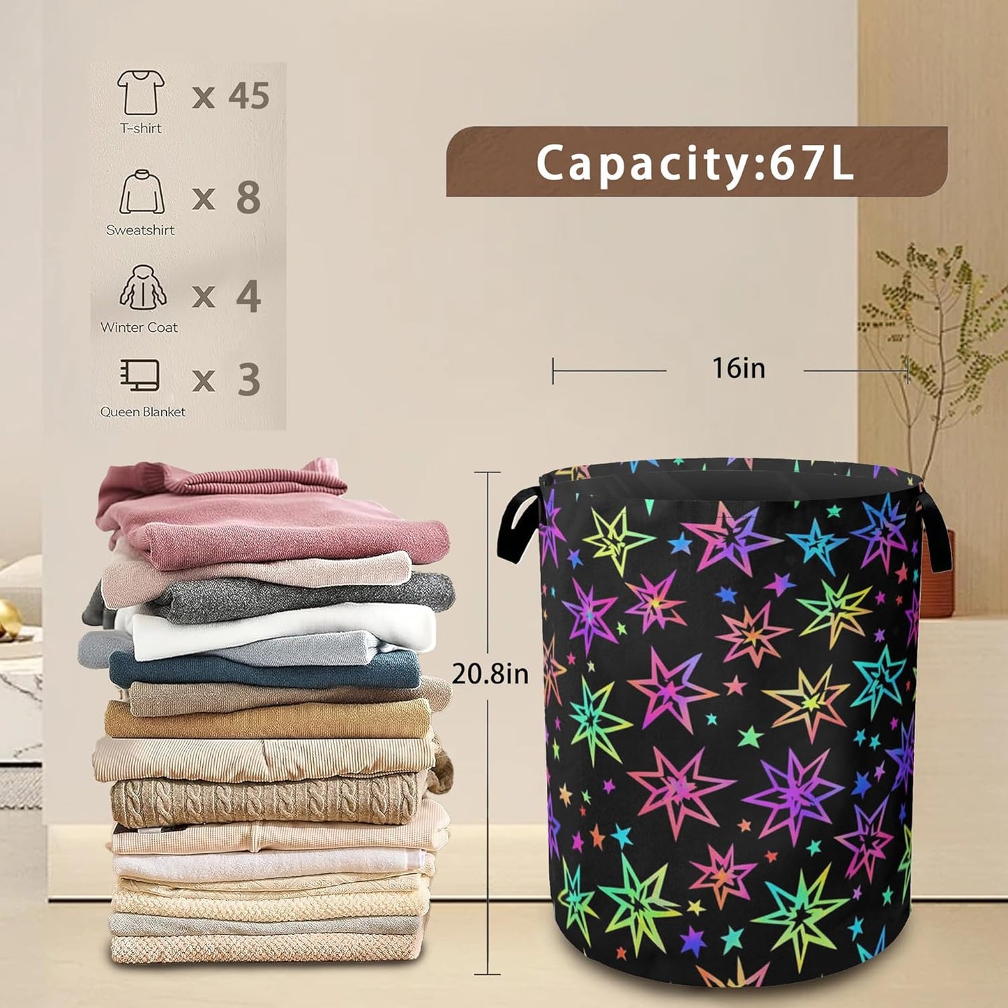 Laundry Hamper,Bright Neon Stars Laundry Basket,Waterproof Oxford Cloth Storage Basket with Handle for Clothes Books Nursery Home Storage Sundries 16"x20"