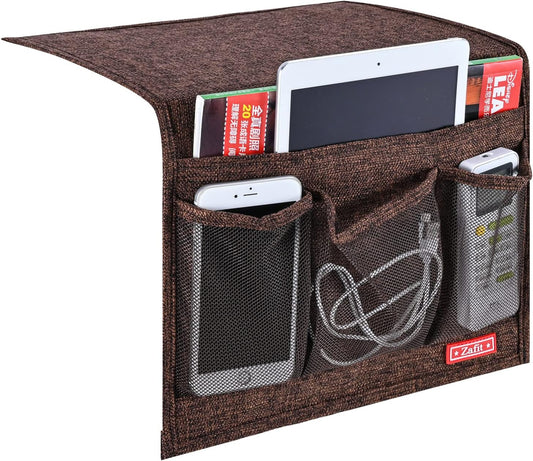 Linen 4 Pockets Bedside Caddy, Bedside Storage Organizer for Magazine, Remotes, Phone (Coffee, Classic 4 Pockets)
