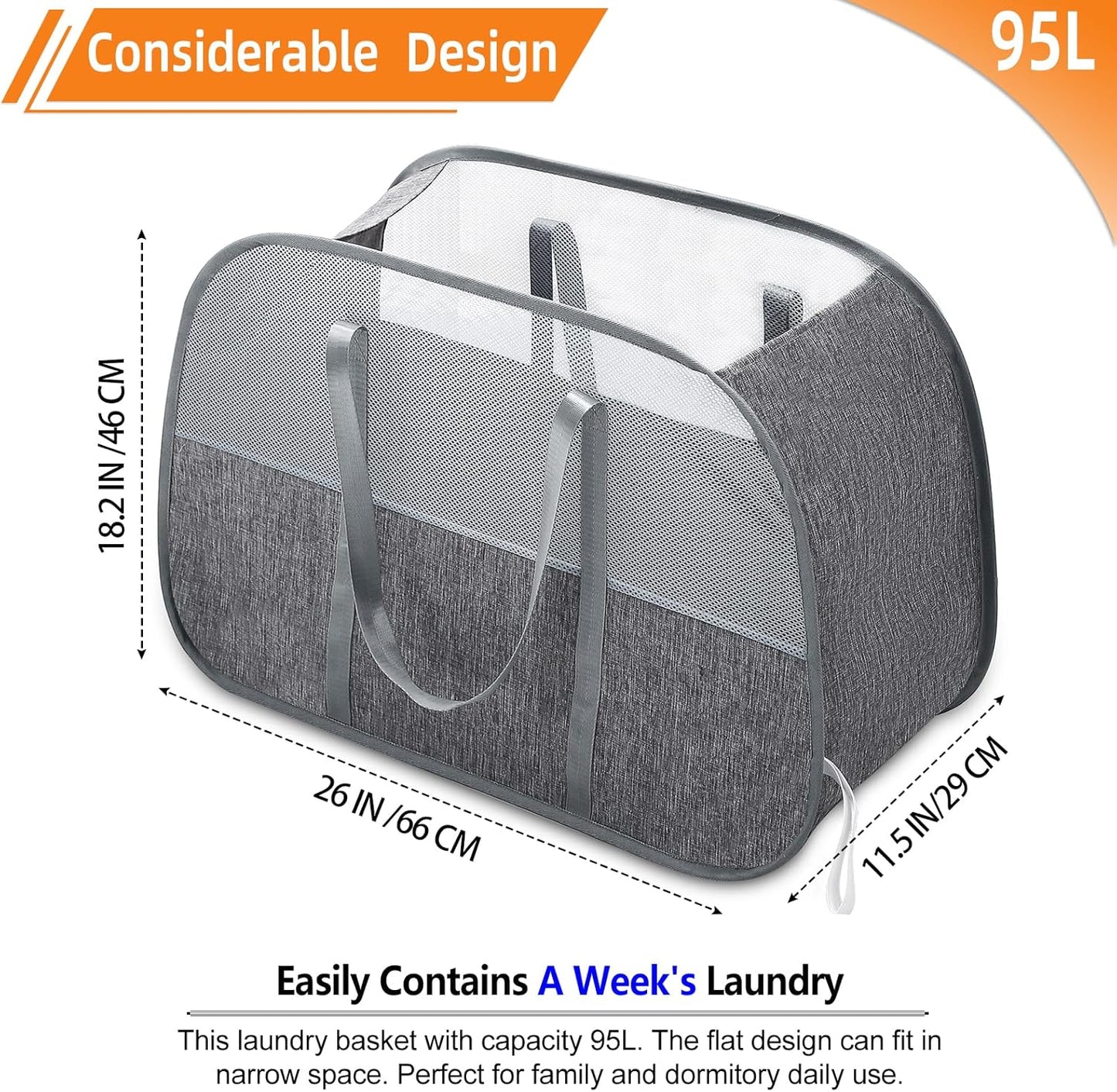 Collapsible Laundry Baskets with Easy Carry Handles, 95L Clothes Hamper for Storage, Foldable Laundry Basket Tear-proof, Large Pop Up Hampers for Laundry, Bedroom, Bathroom, Dorm Grey