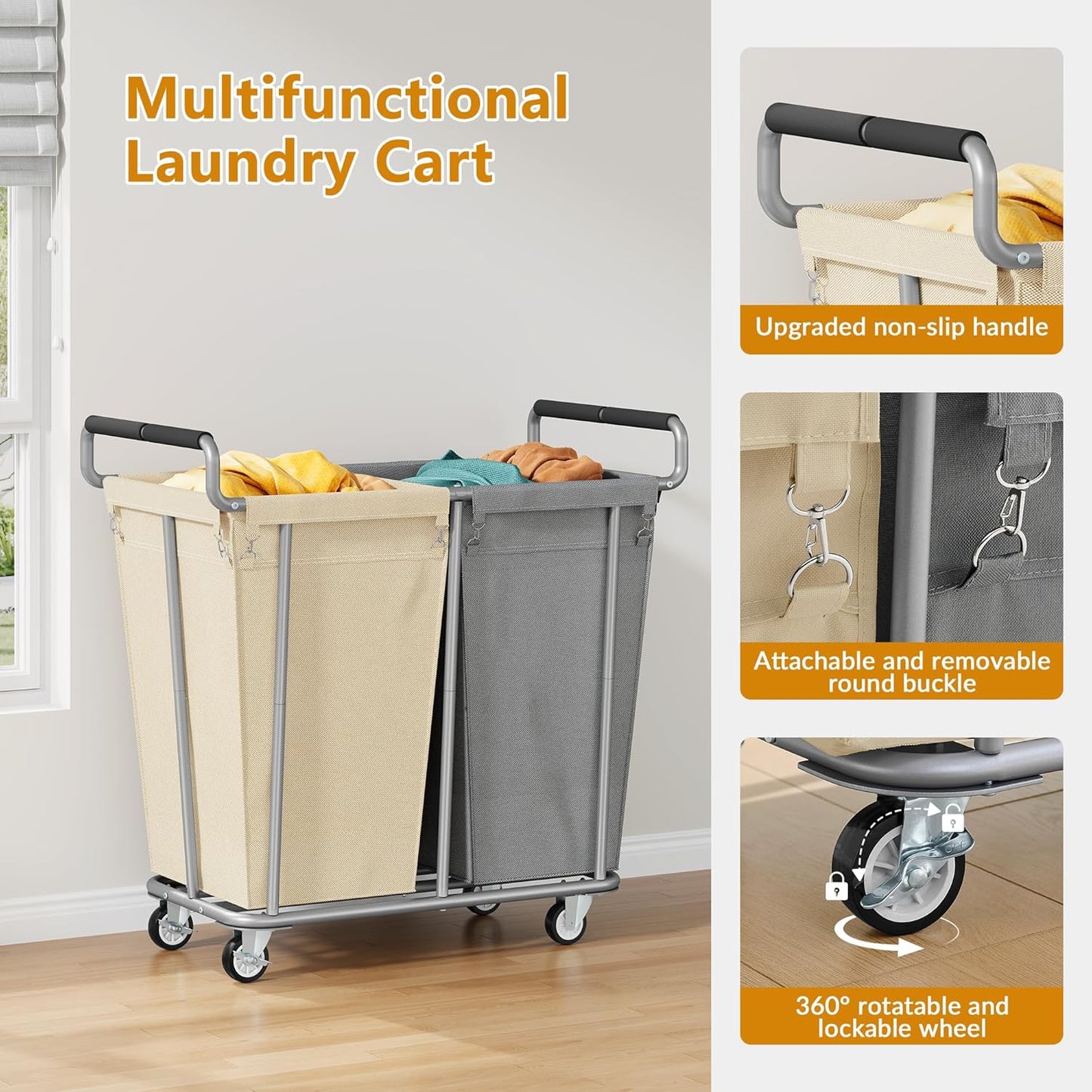 Large laundry hamper with Wheels, 2 Bag 360L Big Rolling Laundry Basket Sorter Cart, Extra Large Laundry Clothes Hamper, Heavy Duty Laundry Basket Organizer for Laundry Room,Bathroom