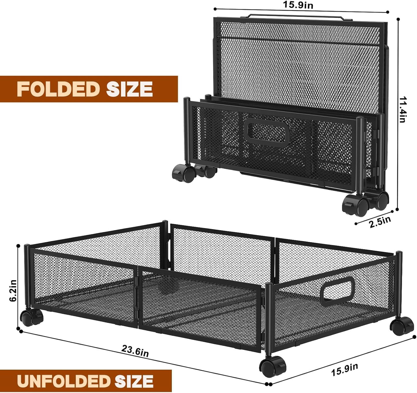 Under Bed Storage Containers,2 Pack Foldable Underbed Storage Containers with Handles and Wheels,Folding Bed Shoes Clothes Organizer,Easy Assembly Underbed Storage for Toy ,Bedding,Bedroom(Black)