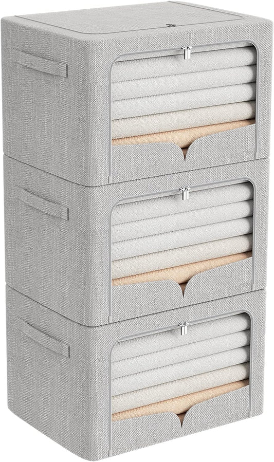 FHSQX 3 Pack Clothes Storage Bins Foldable Metal Frame Storage Box Extra Large Stackable Linen Fabric Organizer Set with Carrying Handles and Clear Window (Light Gray, 23.6x16.5x15.7inch(100L))