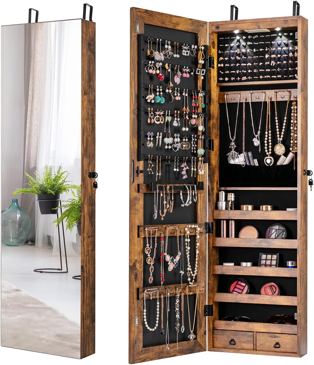 Giantex Wall Door Mounted Jewelry Armoire Cabinet with 47.5" H Full Length Mirror, 2 LEDs Lockable Jewelry Organizer Box with Bracelet Rod, 2 Drawers, Large Storage Capacity (Rustic Brown)