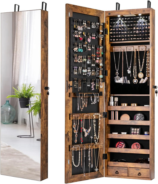 Giantex Wall Door Mounted Jewelry Armoire Cabinet with 47.5" H Full Length Mirror, 2 LEDs Lockable Jewelry Organizer Box with Bracelet Rod, 2 Drawers, Large Storage Capacity (Rustic Brown)