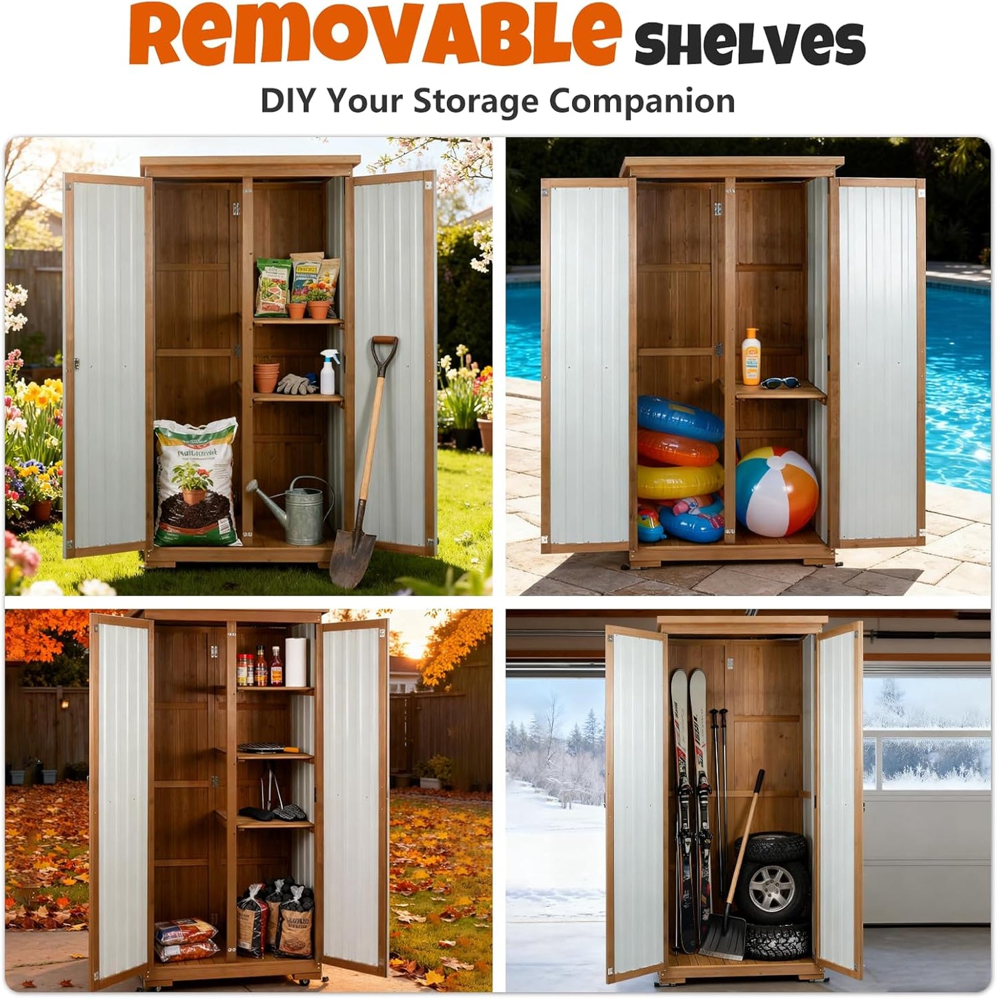 Outdoor Storage Cabinet with Shelves, Wood & Metal Storage Shed with Weatherproof Roof, 3 Removable Shelves, Double Lockable Doors, Adjustable Feet, Outside Storage Cabinet for Garage, Patio, Backyard