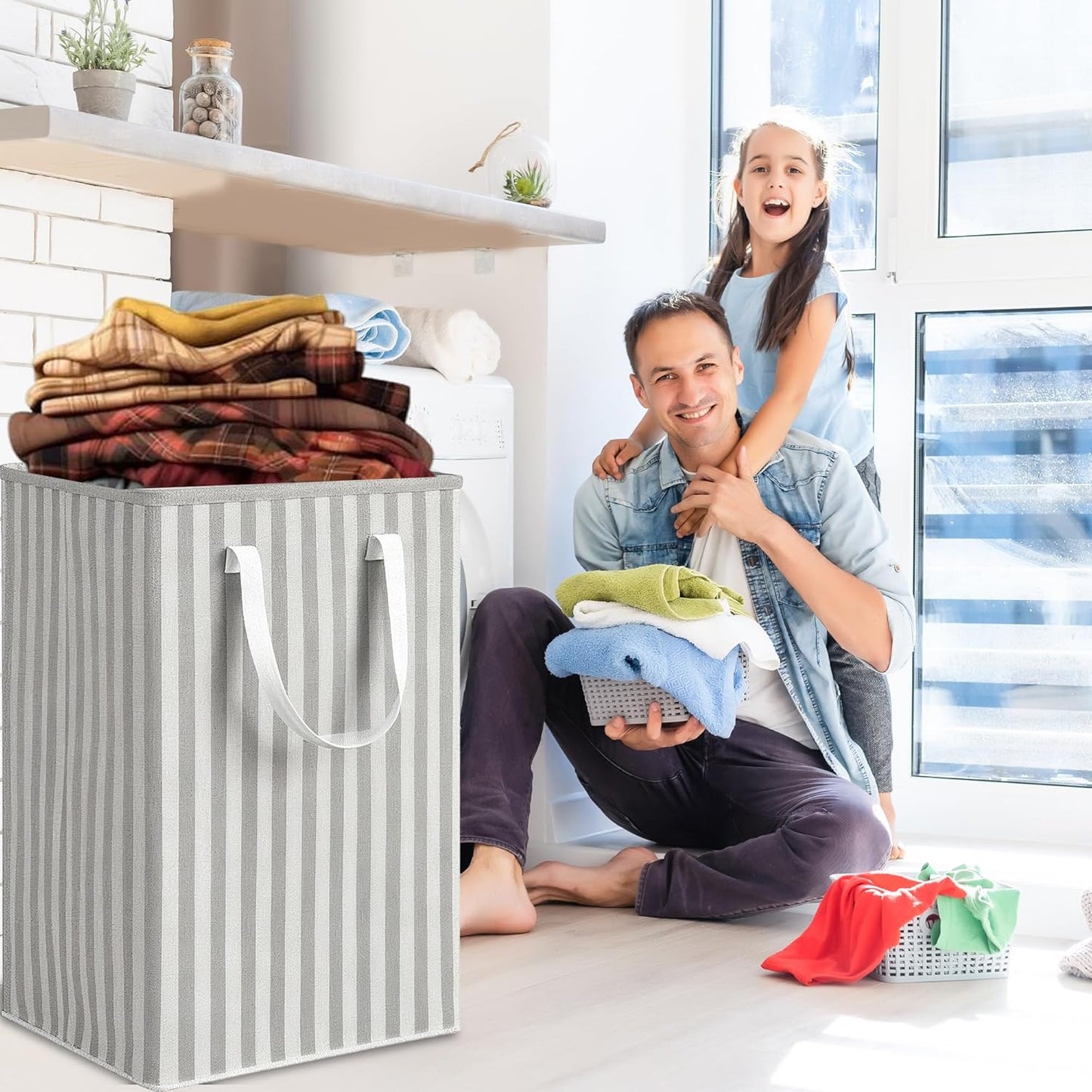 3 Pack Laundry Hamper Collapsible 75L Large Waterproof Cotton Linen Clothes Hamper with Handles Freestanding for Home Dorm Bathroom Bedroom Campin