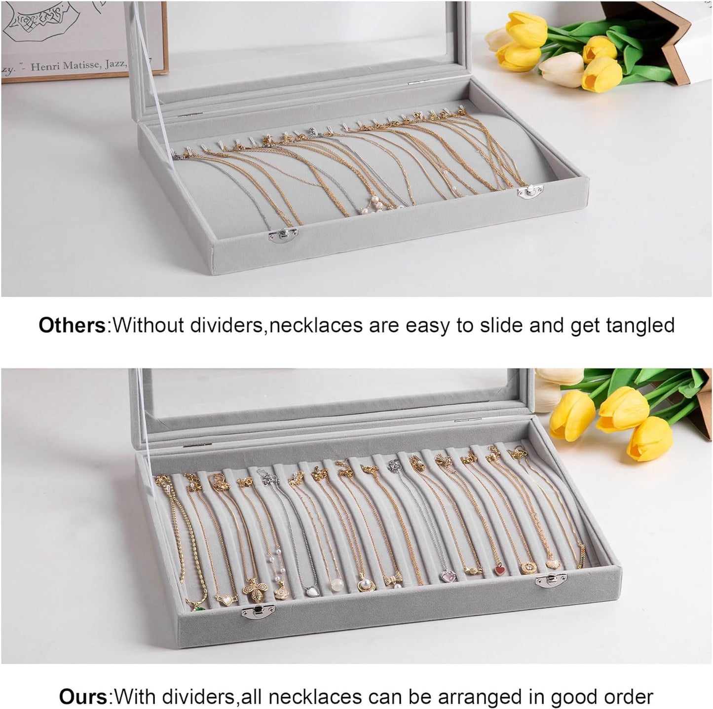 Frebeauty 15 Hooks Necklace Tray,Neckalce Organizer with Clear Lid,Velvet Necklace Holder Box,Jewelry Organizer for Pendants Chains,13.8x9.5x2 inches Necklace Jeweley Tray for Women(White)