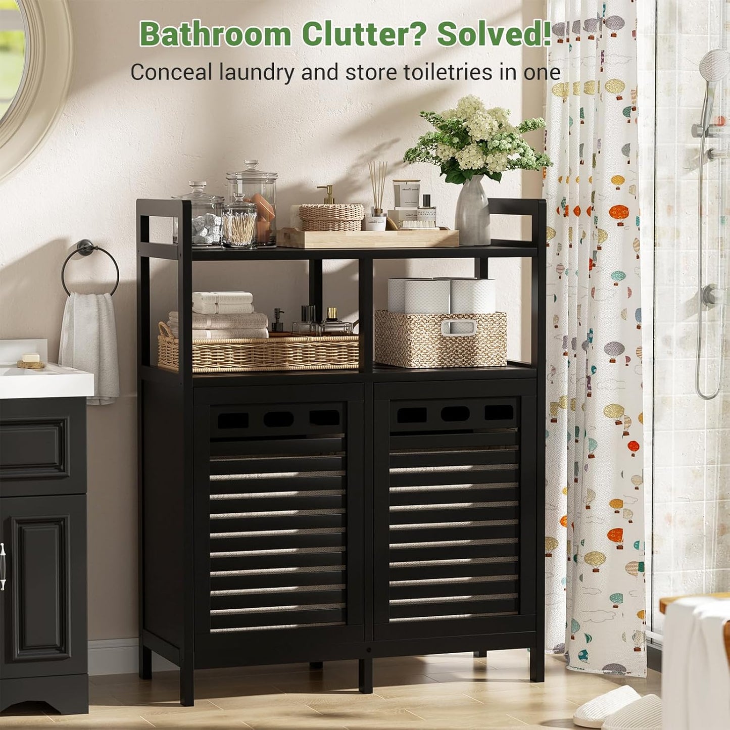 Homykic Tilt Out Laundry Hamper Cabinet, Bamboo Double Laundry Hamper with 2 Removable Laundry Baskets, 20 Gal Laundry Sorter Organizer with Shelf for Dirty Clothes, Bathroom, Laundry Room, Black