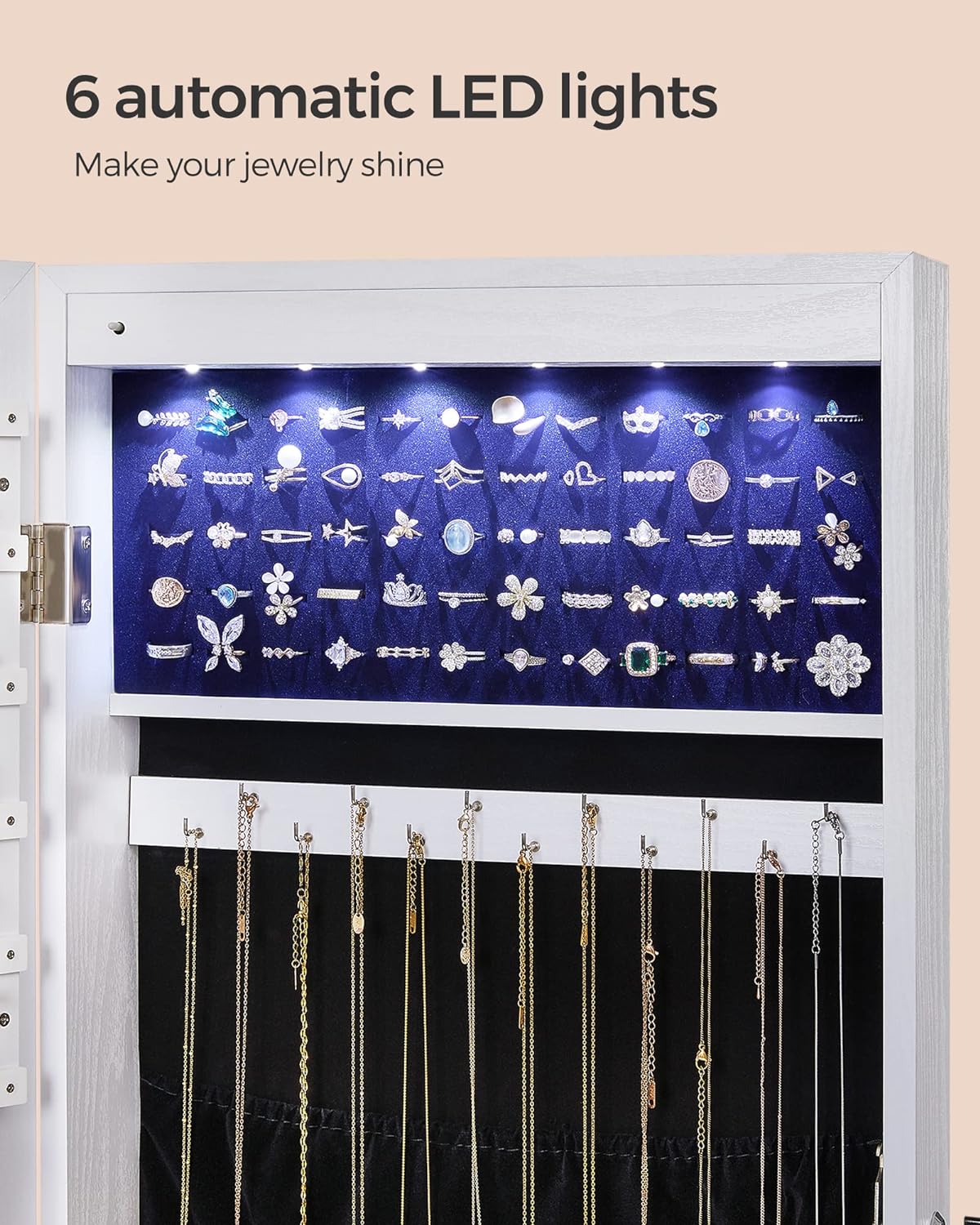 SONGMICS Hanging Jewelry Cabinet, Wall-Mounted Cabinet with LED Interior Lights, Door-Mounted Jewelry Organizer, Full-Length Mirror, Christmas Gift Idea, White UJJC99WT
