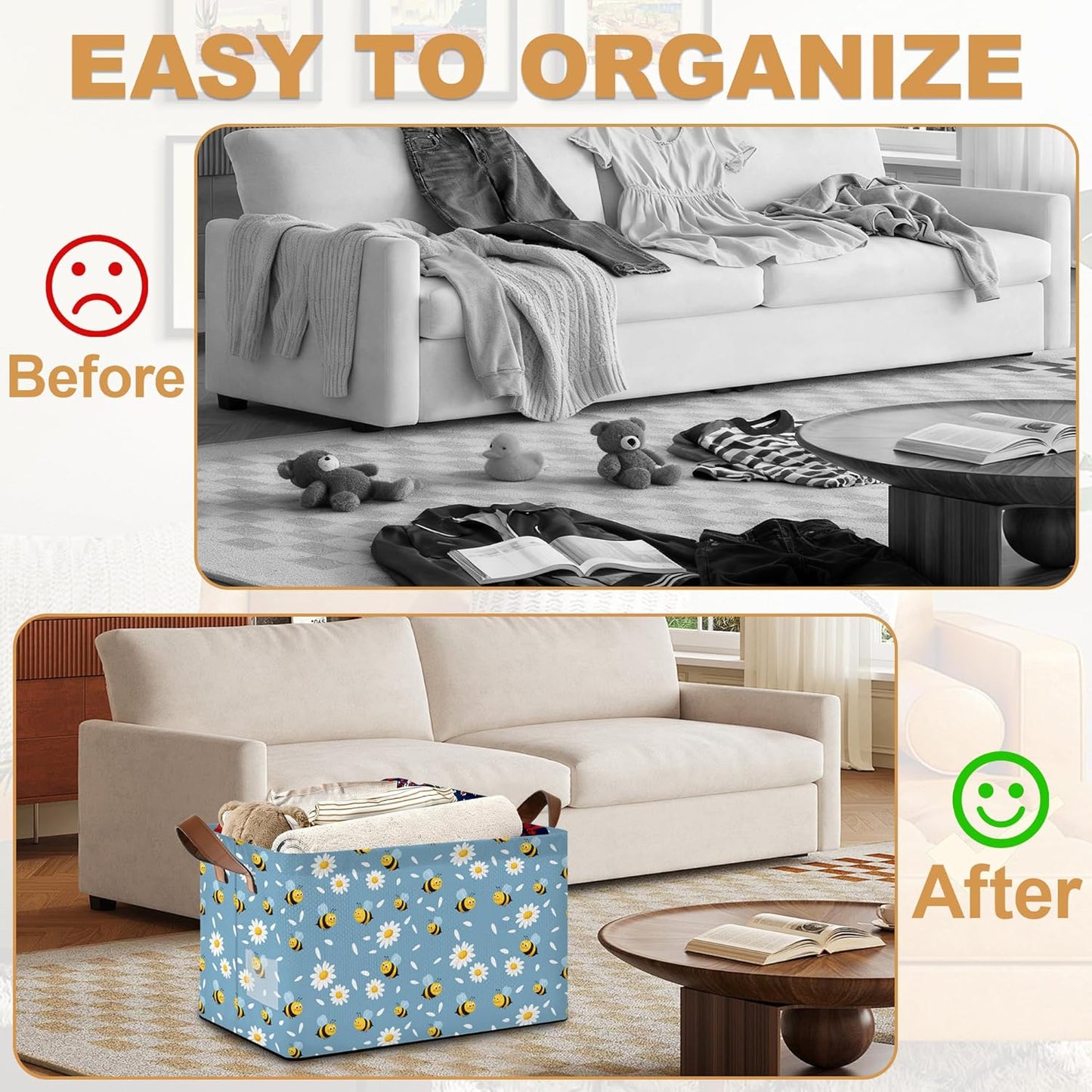 32L Large Storage Bins with Handles, Basket Organizer for Shelves, Closet, Books, Laundry & Home Decor (Bee Daisy)