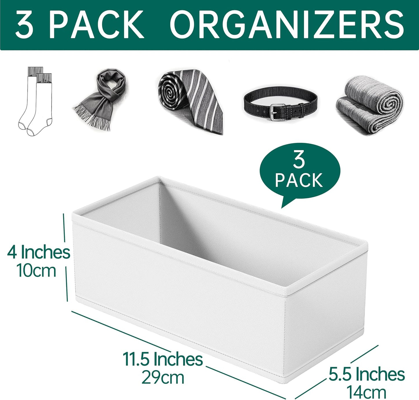 3 PACK Drawer Organizer Clothes，drawer Divider， Dresser Drawer Storage for Sock, Underwear, Bra，Panties，Belt, Tie, Stockings, Leggings & Accessories (White)