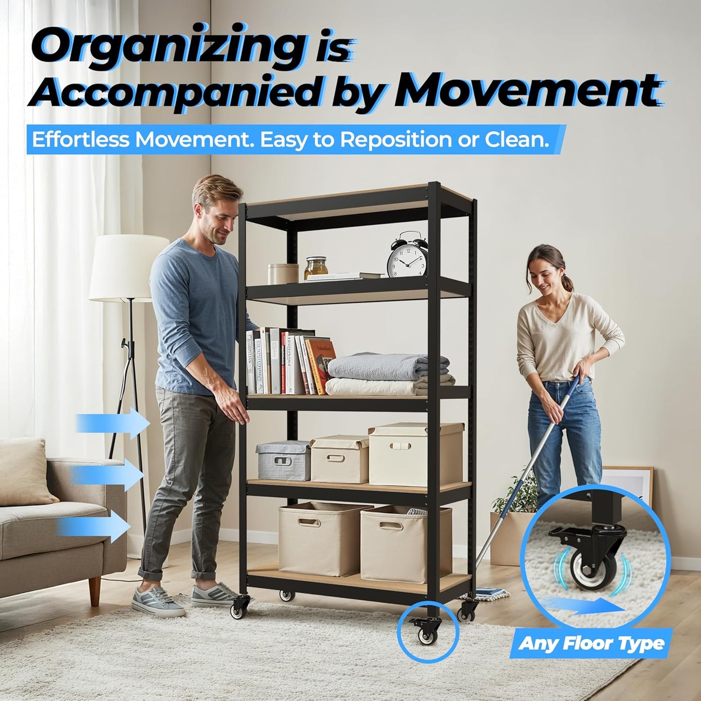 HOMEDANT House 5-Tier Metal Boltless Rolling Cart Shelf Rack Casters Heavy Duty Wheel Shelving Unit Adjustable Utility Storage Shelves Organizer Shelf Kitchen Garage 48.1" W x 18.5" D x 75.4" H 4Pack