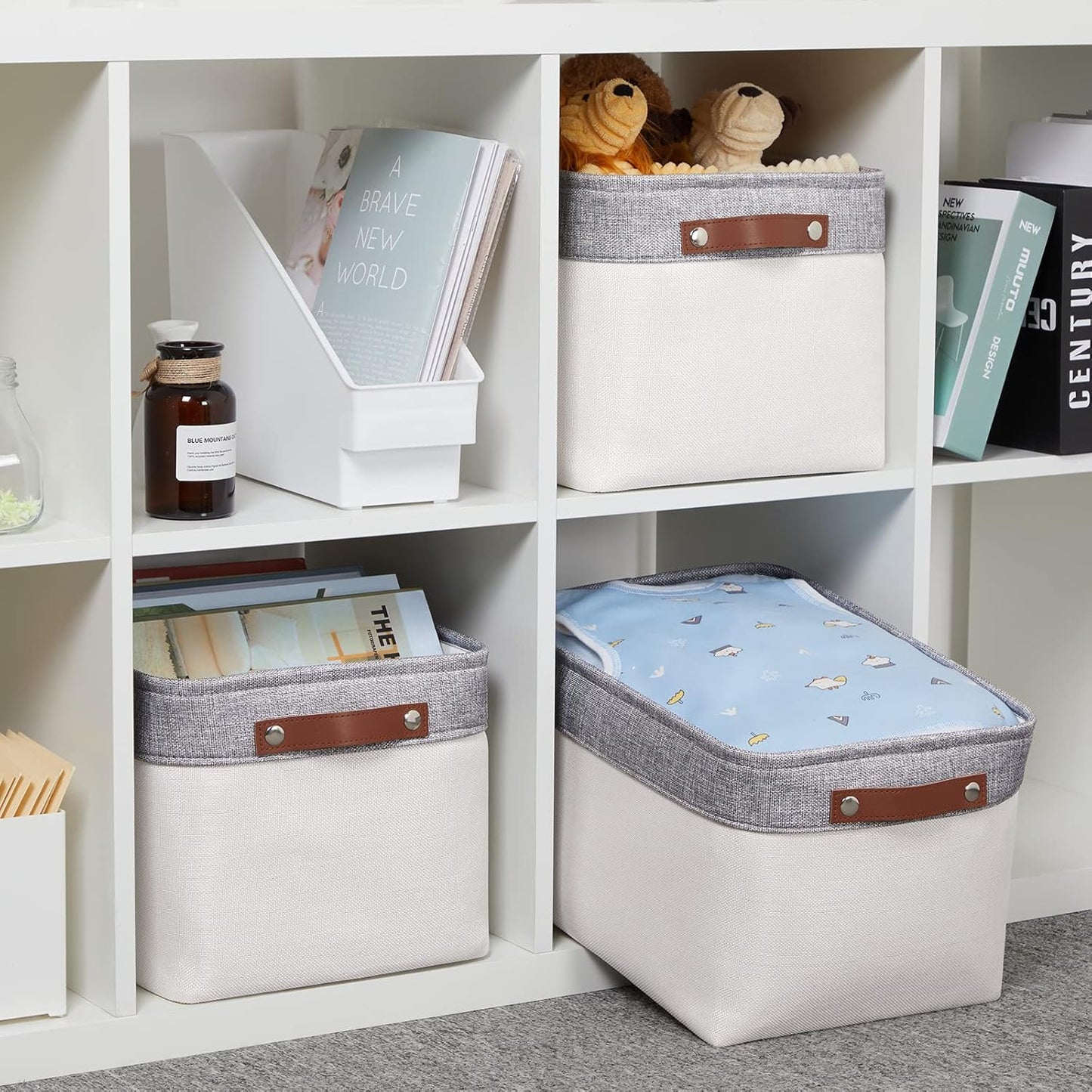 HNZIGE Large Storage Baskets for Shelves(3 Pack) Fabric Storage Toy Baskets with Handles, Decorative Foldable Storage Bins for Organizing (Gray&White-Leather Handles, 15"x11"x9.5")