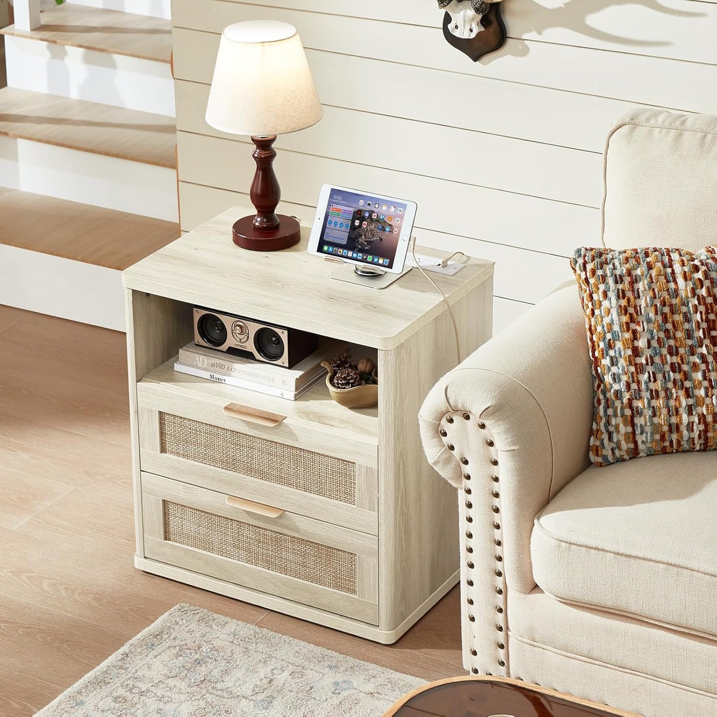 LEYAOYAO Rattan Nightstands Set of 2 with Charger Station, 23" Wide Boho Night Stand with 2 Drawers, Grey White Bedside Table Open Shlef, Bed Side End Table Dresser for Bedroom, Living Room Hallway