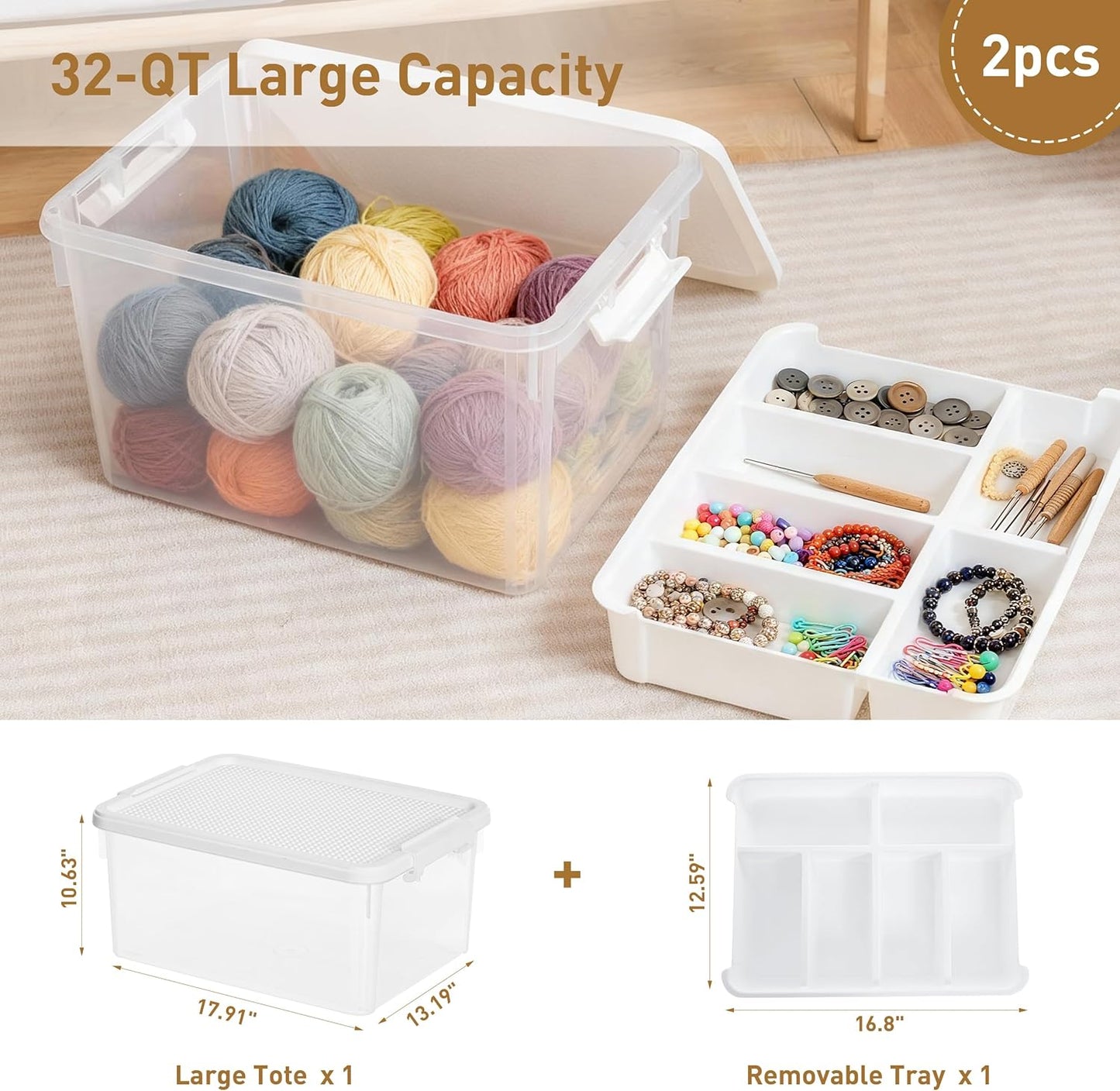 Citylife 32 QT Stackable Toy Storage with Building Baseplate Lid and Removable Tray Tool Box Organizer Storage Bins with Lids for Organizing Bead, Tool, Sewing, 2 Packs