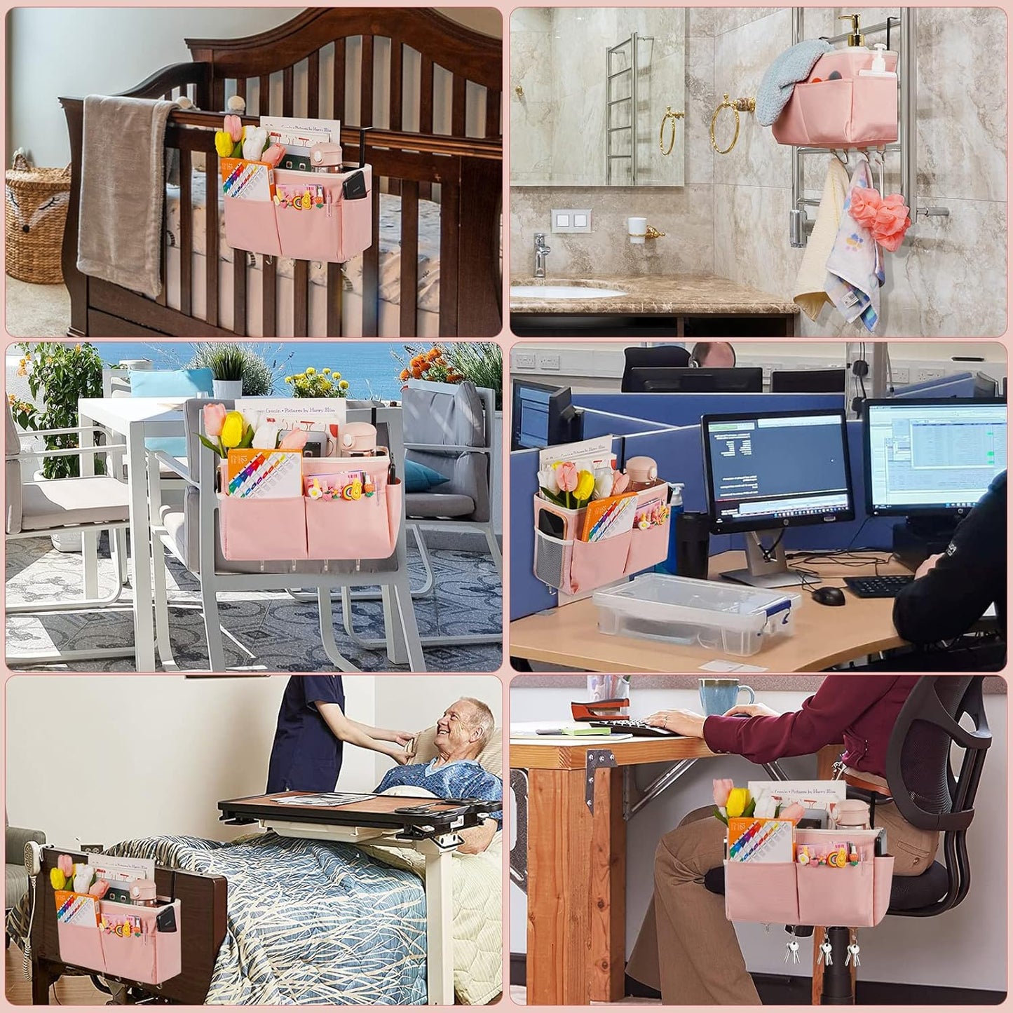 Bedside Storage Organizer 5 Pockets with 4 Hooks Hanging Storage Bag for Headboards/Bunk Bed (Pink)