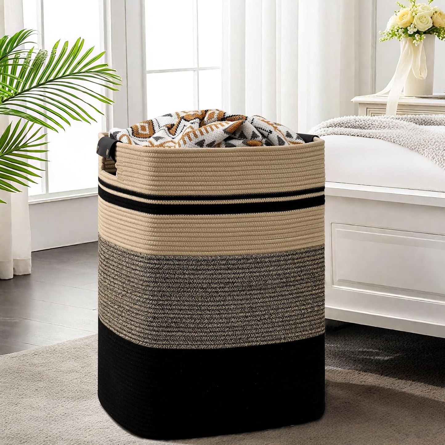 Laundry Hamper, 75L Tall Laundry Basket with Leather Handles, Rectangle Large Clothes Hamper for Organizing, Cotton Woven Laundry Baskets Storage Hampers for Bedroom, Nursery, Living Room
