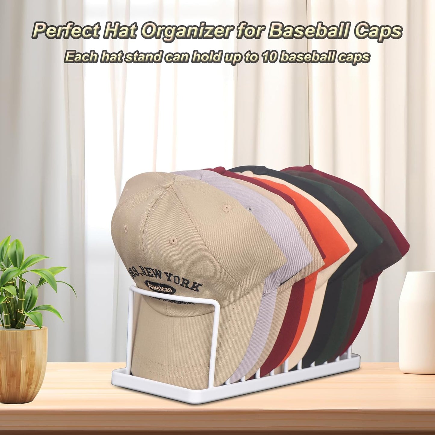 Hat Organizer for Baseball Caps - 2 Pack Space Saving Hat Stand Hold 20 Caps - Premium Metal Hat Rack for Baseball Caps Display & Organizer - No Install Hat Holder for Closet