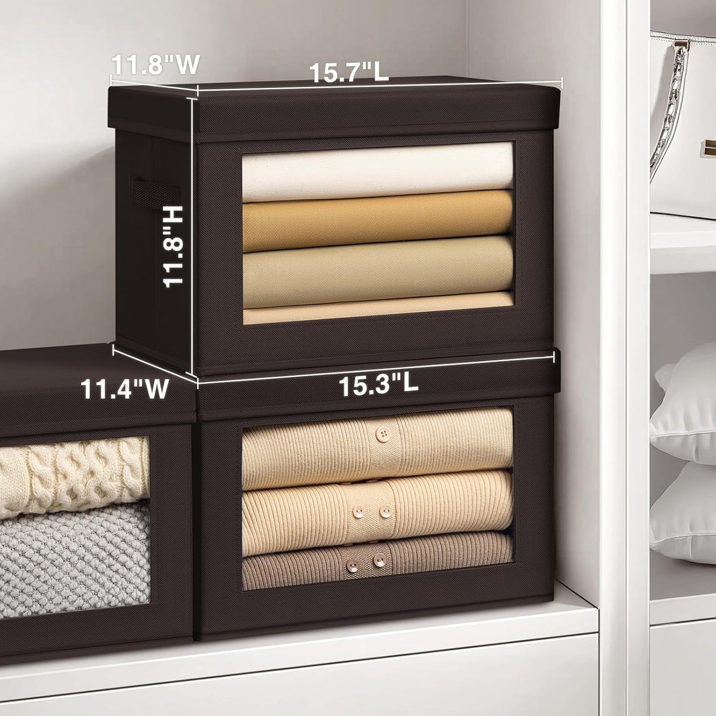Stackable Storage Bins with Lids - Large Decorative Basket with Lids, Fabric Foldable Closet Organizer Bins, Shelf Organizer for Living Room, Dorm, 5 Pack, Brown