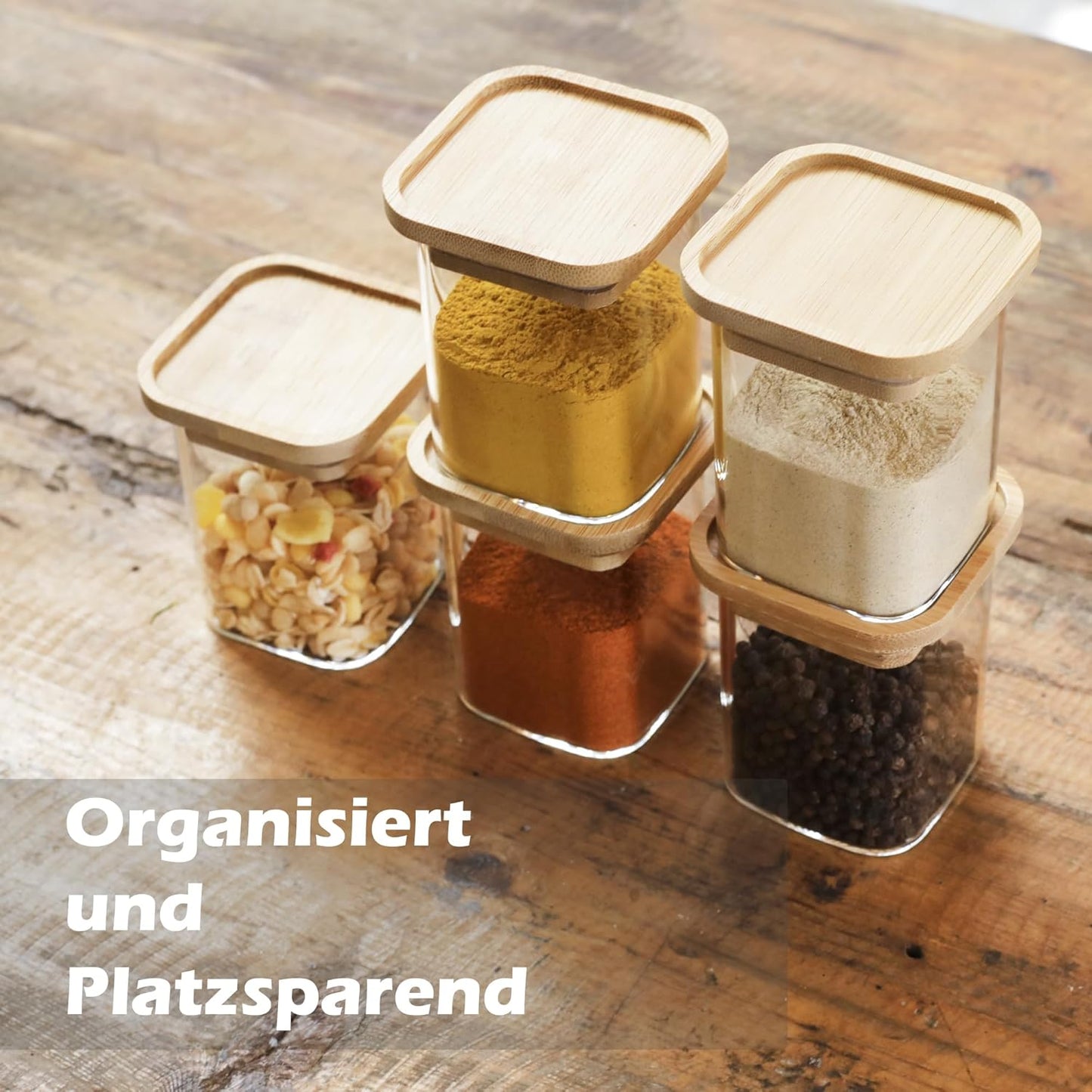 LIBWYS 12pcs Stackable Spice Jars, Square Spice Bottles with Bamboo Lid, 6.8oz Empty Glass Spice Jars with Labels, Seasoning Containers for Spice Rack, Cabinet, Drawe