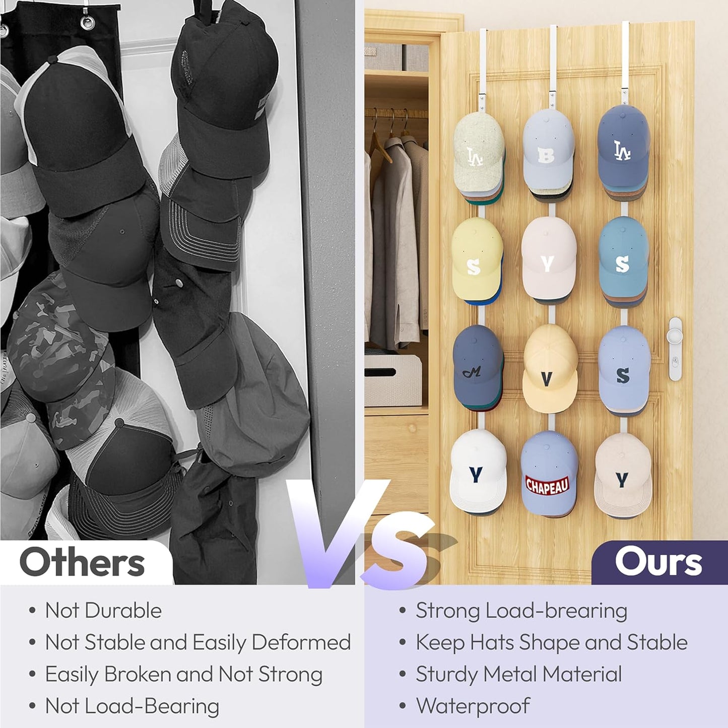 SWTYMIKI Over Door Hat Organizer - 3 Packs Metal Hanging Hat Rack with 12 Hooks Design, Baseball Cap Hanger Organizer Storage Holds up to 60 Caps for Door, Bedroom, Closet