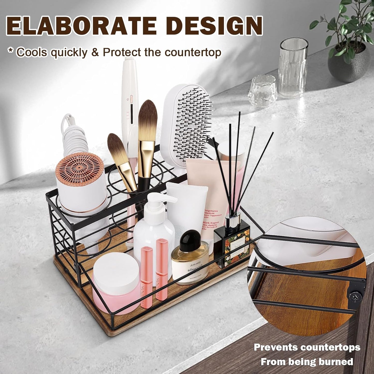 Hair Tool Organizer, Movable Hair Dryer Holder, Hair Styling Tools Storage for Vanity, Bath Counter Organizer, Bathroom Trays for Hair Toiletry, Makeup (12" x 7.7" x 5.8", Wood-Black)