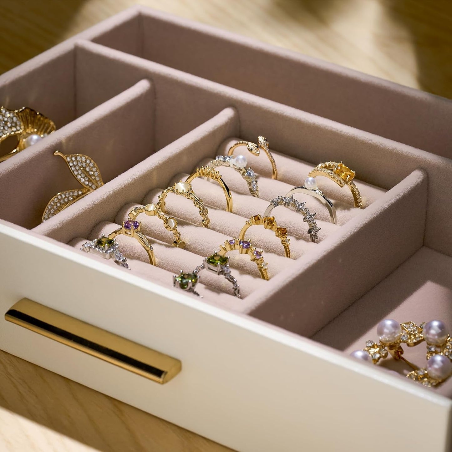 pickpiff Jewelry Box Organizer Case for Women: 5-Layer Jewelry Storage Case with Glass Window, Ivory Leather with Pink Velvet, Holder for Ring Necklace Bracelet Brooch Watch, Great Gift for Her