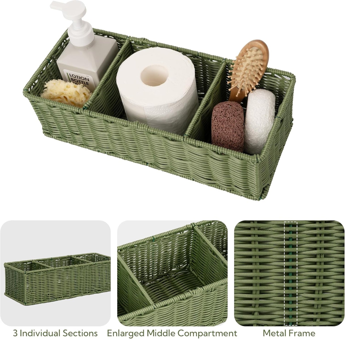 GRANNY SAYS Wicker Toilet Paper Basket Holder for Back of Toilet Baskets, Small Bathroom Basket Organizer and Storage for Tank topper, Olive Green Decor Sink Tank Tray with Dividers, 2 Pack