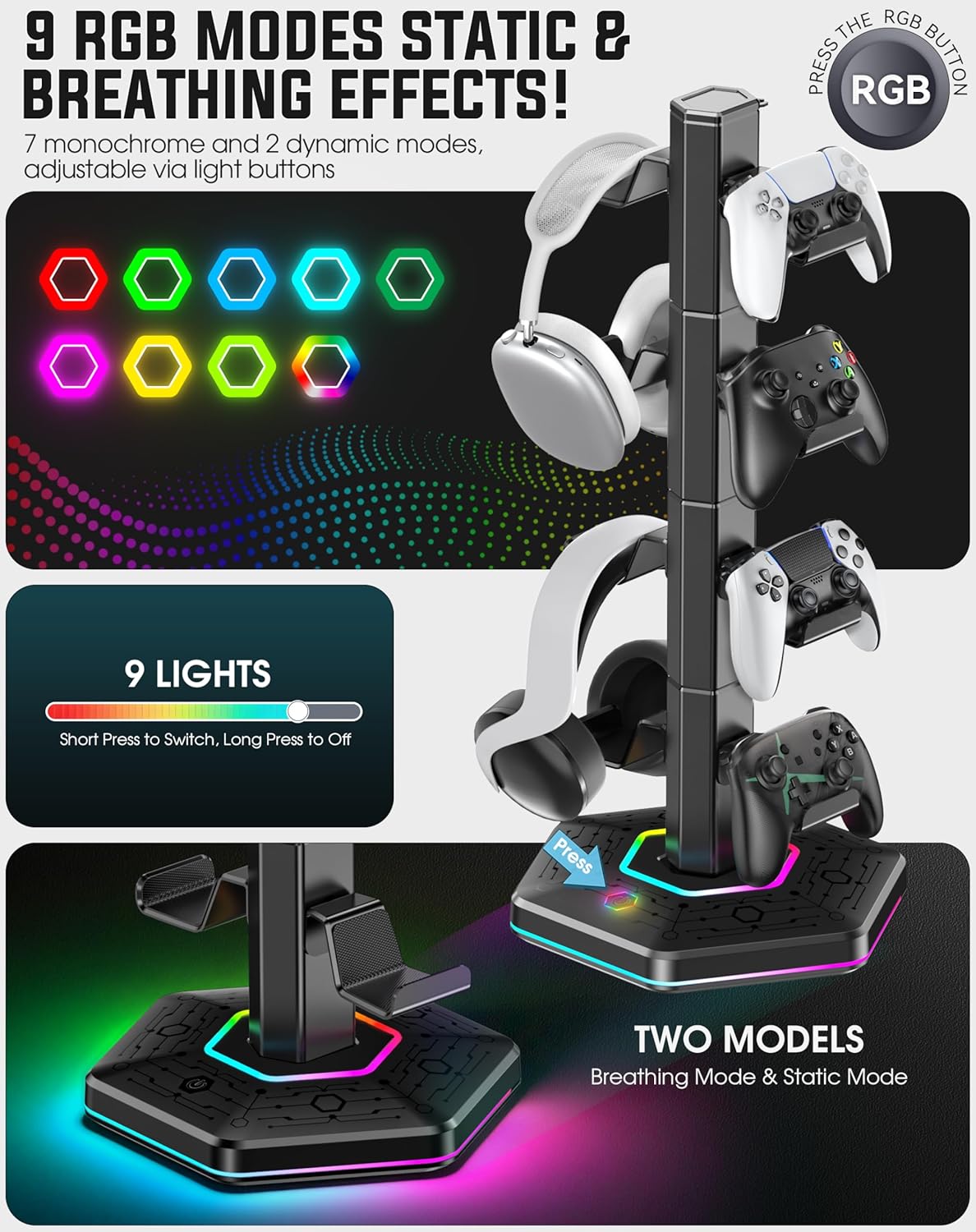 Kytok Headset And Controller RGB Stand for Xbox/ PS5/ PS4 Controller, Headphone & Remote Holder for Desk with 9 RGB Lights & 2 USB 3.0 Ports, Gaming Organizers & Storage Accessories for Gaming Gift