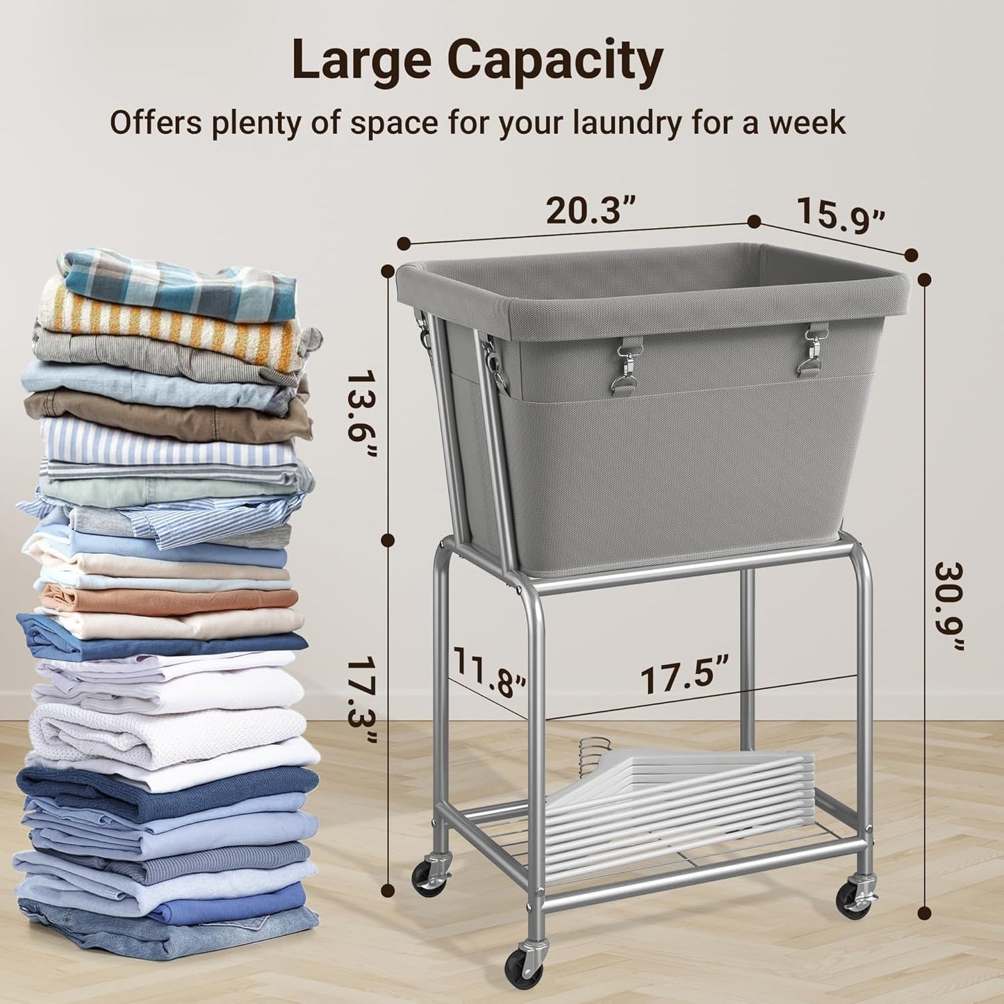 ELYKEN Laundry Cart with Wheels, Rolling Laundry Hamper with Removable Bag and Shelf, Metal Frame Laundry Basket with 4 Casters and 2 Brakes, Ideal for Bedroom, Bathroom, Laundry Room, Gray