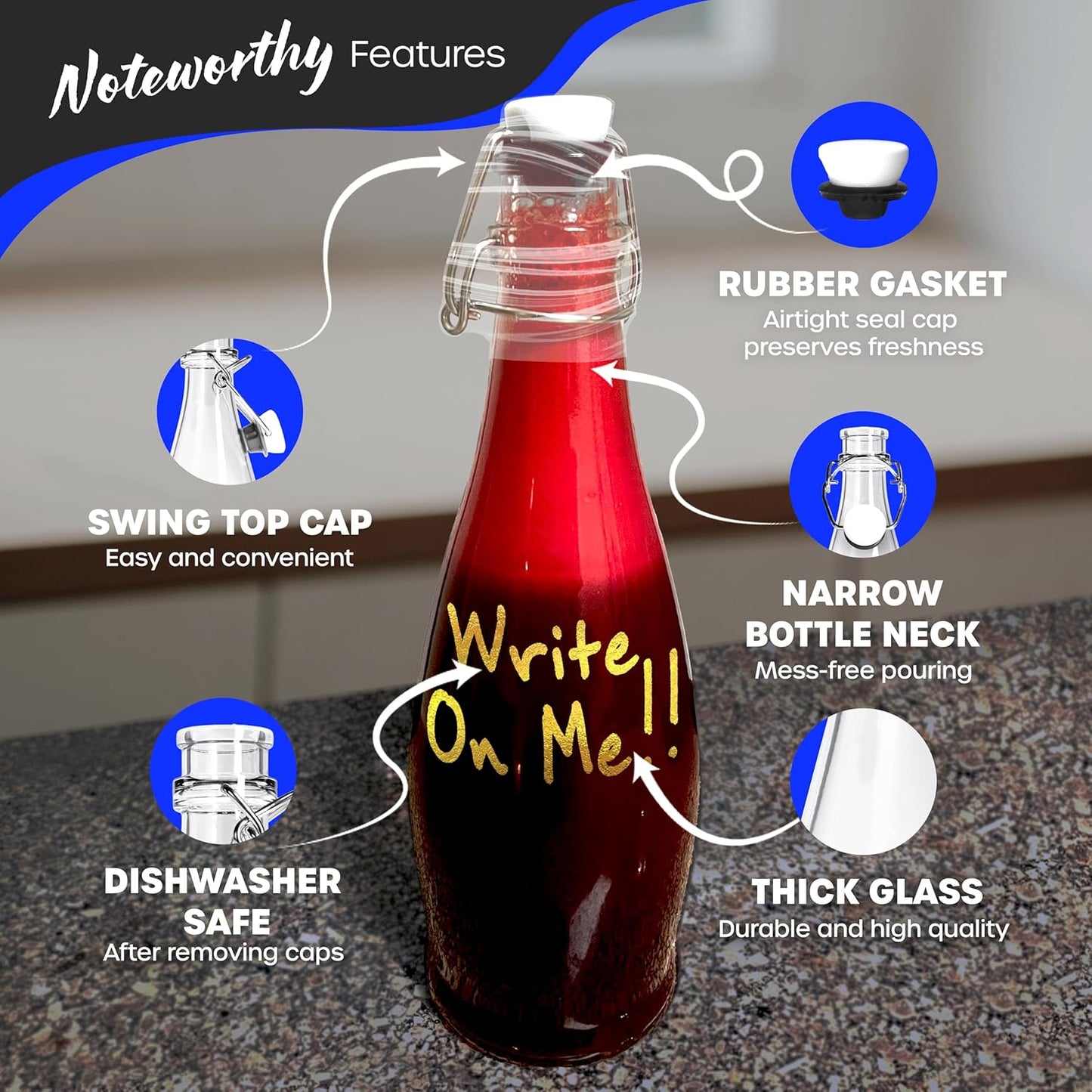 Nevlers 17 Oz Teardrop Swing Top Glass Bottles with Airtight Lid 6 Pack | Flip Top Glass Bottle with Stopper, Funnel, Brush, Shrink Wrap, Marker & Tags | Clear Beer Bottles | Fermentation Bottle Kit