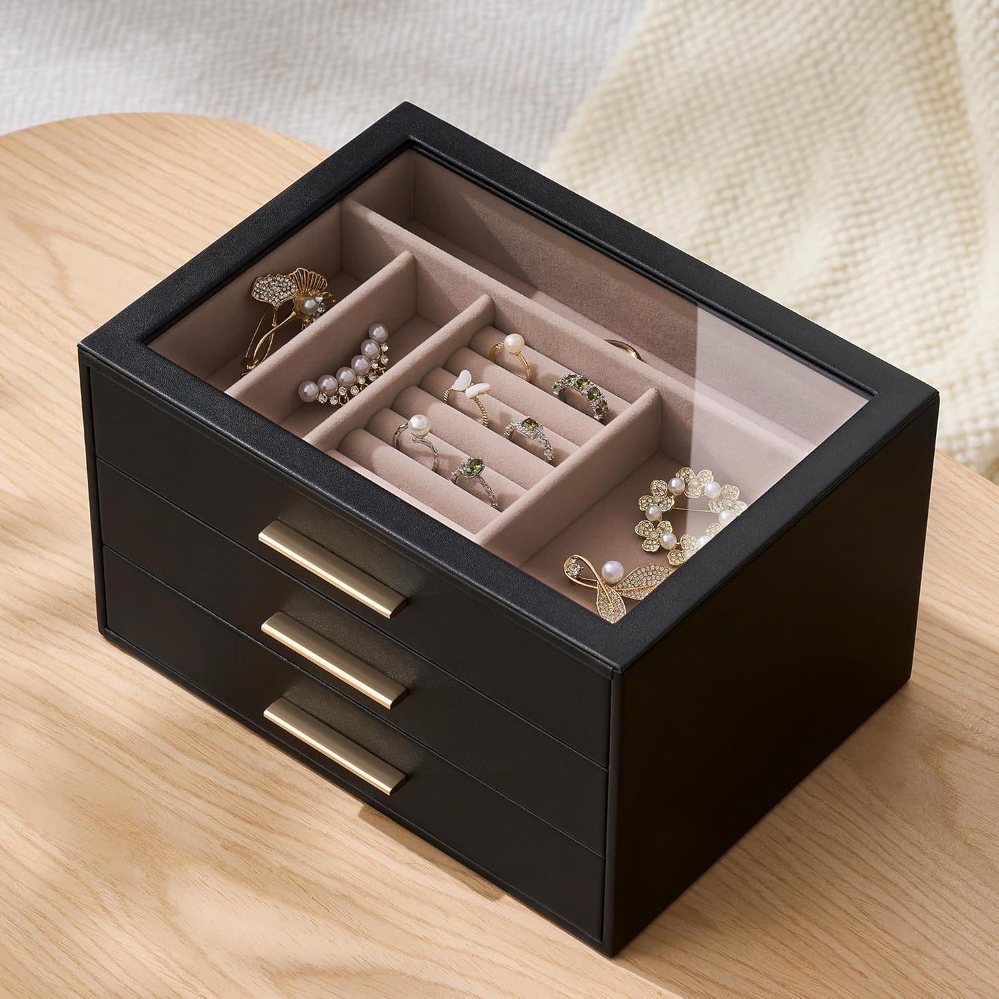 pickpiff Jewelry Box Organizer Case for Women: 3-Layer Jewelry Storage Case with Glass Window, Black Leather with Blush Velvet, Holder for Ring Necklace Bracelet Brooch Watch, Great Gift for Her