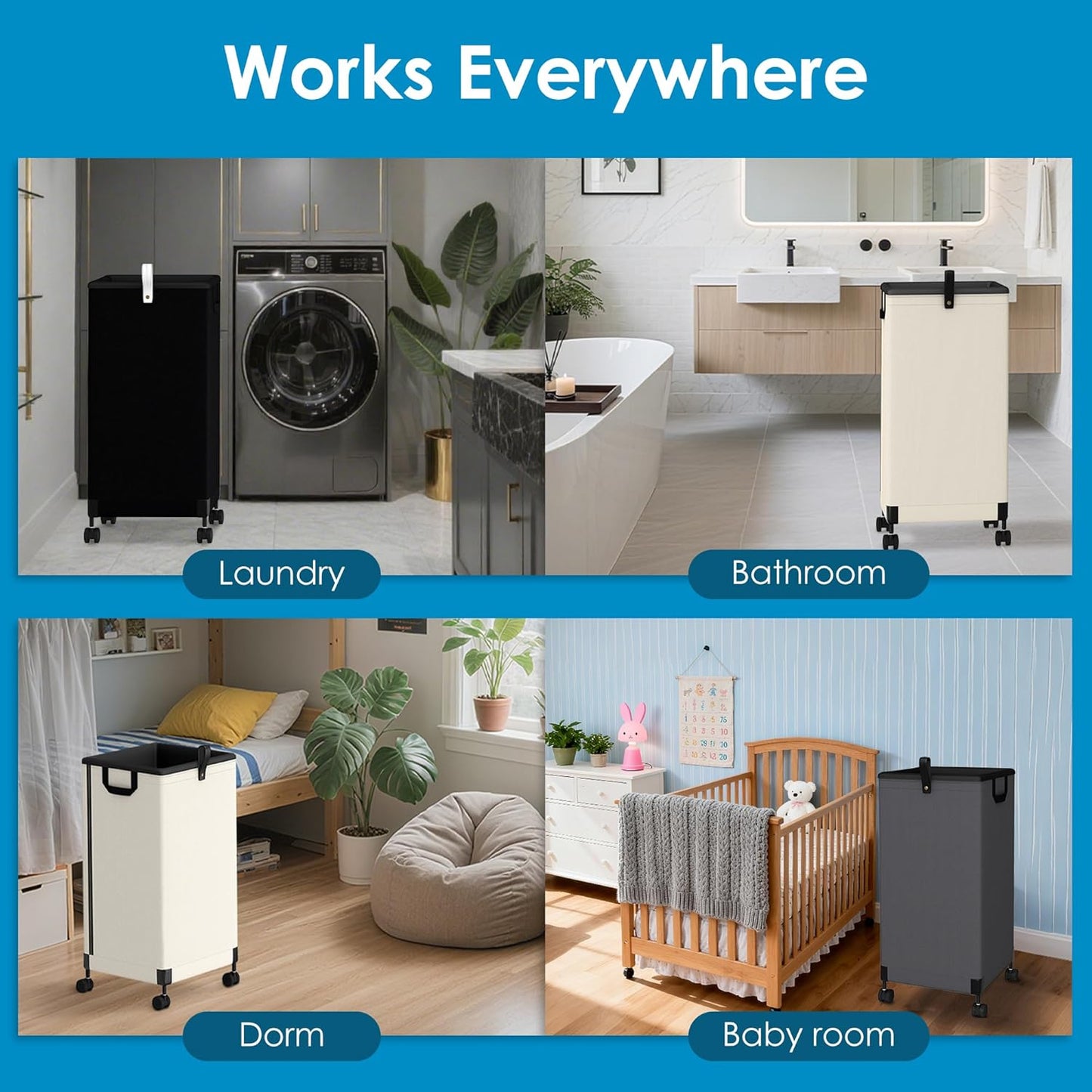 2Pcs Laundry Basket With Wheels 105L, Large Rolling Laundry Hamper With Removable Bag, Metal Frame Collapsible Dirty Clothes Bin, Cloth Organizer Hampers Pull Handle For Bathroom, Dorm, Bedroom Grey