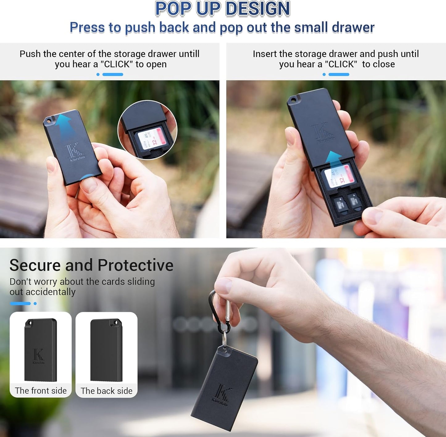 Pop-up Small Memory Card Case Holder for 2 SD SDHC SDXC Cards & 4 TF MicroSD MSD Cards with Carabiner, Portable Anti-Shock Splash-Proof Micro SD Card Case Storage Protector Organizer Keeper Container